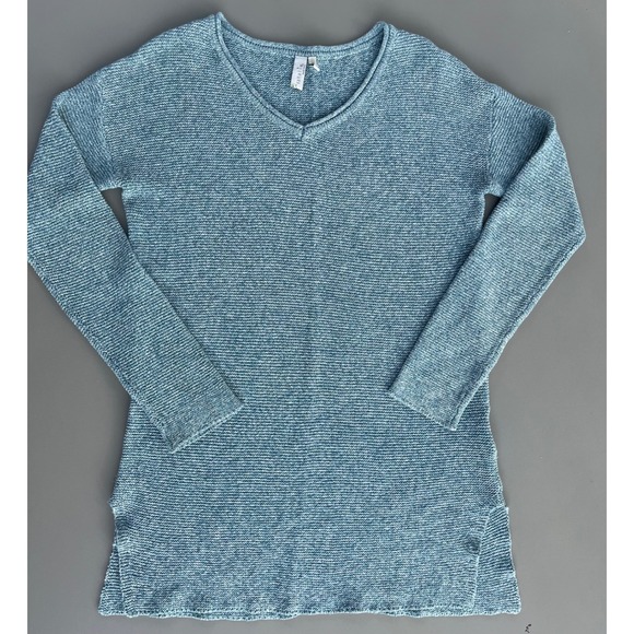 sahalie Sweaters - Sahalie Tunic V-Neck Sweater Blue Marl Knit Long Sleeve Side Slits Small